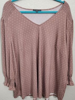 Aqua Polka Dot V-Neck Long Sleeve Top - Dusty Rose